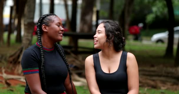 Two Friends Real Life Laugh Smile Together Outdoors Hispanic African — Vídeo de Stock