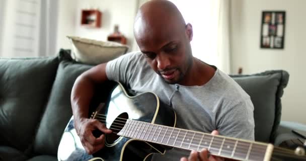 Black Man Practicing Guitar Home African Mixed Race Learning Play — Video