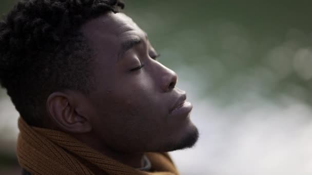 Black Man Closing Opening Eyes Contemplation Meditation — Vídeos de Stock