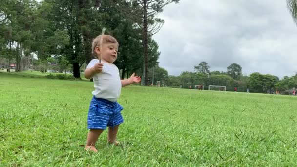 Cute Baby Standing Grass Outdoors Holding Stick — Stockvideo