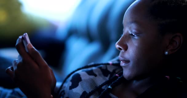 African Teen Girl Looking Cellphone Screen Dark Night Black Girl — Stock Video