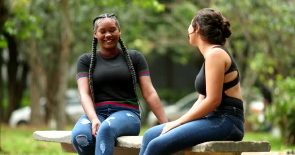 Two Mixed Race Friends Conversation Outdoors Girlfriends Speaking Each Other — Vídeo de stock