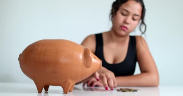 Woman Hand Putting Coins Piggy Bank Person Saving Money — ストック動画