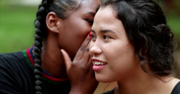 Woman Telling Secret Friend Ear Friends Together Sharing Gossip — Vídeos de Stock