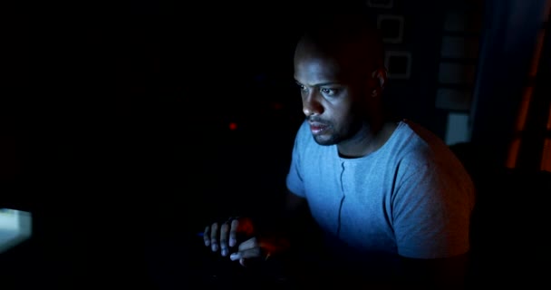 African Man Looking Laptop Screen Night Dark Person Working Late — Wideo stockowe