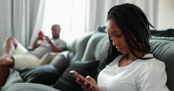 Teen Daughter Father Sitting Home Sofa Using Smartphone Device Each — 비디오