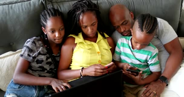 African Family Front Laptop Computer Together Lying Sofa — Vídeo de Stock