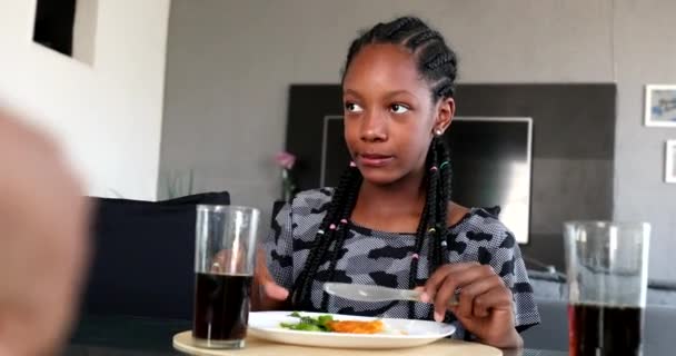 Black African Girl Eating Lunch Salad Table Family — стоковое видео