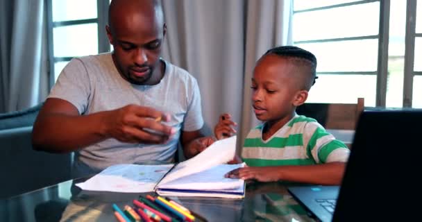 Father Helping Son Homework Home African Black Dad Mentoring Little — Video Stock