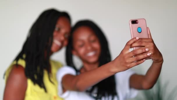 Black African Mother Teen Girl Taking Selfie Together — Video