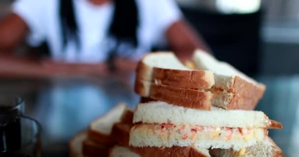 Hands Grabbing Sandwich Hand Taking Caloric Food — Αρχείο Βίντεο