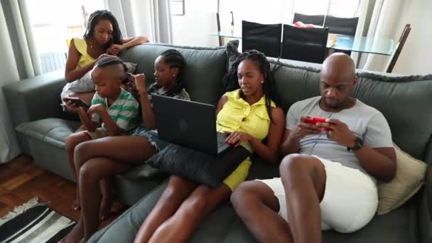 Black African American Family Sitting Home Each Own Bubble Using — Stok video