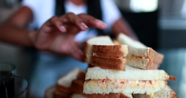 Girl Grabbing Sandwich Plate Teen Woman Eating Calorich Food Carb — Αρχείο Βίντεο