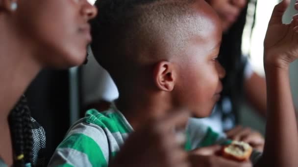 Black Mixed Race Children Eating Afternoon Snack Kid Brother Sisters — Stock video