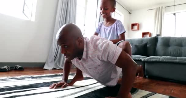 Funny Father Child Bonding Together Doing Push Ups Home — 图库视频影像