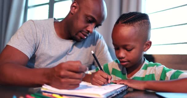 Little Boy Studying Home Doing Homework Father Help — 图库视频影像