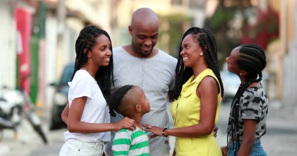 Beautiful Black Family Smiling Camera African Parents Kids Standing Outdoors — Stockvideo