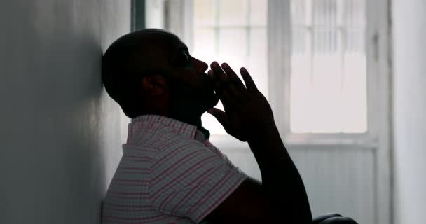 Black African Man Sitting Floor Desperation Anguish Suffering Mental Illness — Stockvideo