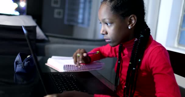 Откровенная Черная Девушка Учится Ночью Перед Ноутбуком — стоковое видео