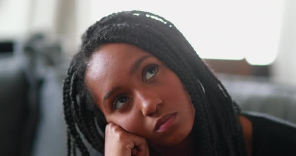 Thoughtful Black Teen Girl Close Young Woman Face Pondering — Wideo stockowe