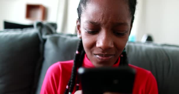 Adolescent Teen Black Girl Feeling Frstration Cellphone Device Anxious Mixed — Stock Video