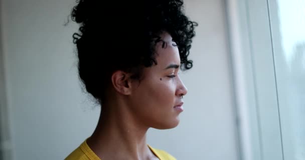 Pensive Young African American Woman Looking Out Window Thoughtful Black — Video Stock