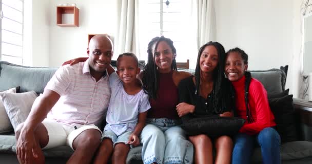 Beautiful Black African Family Sitting Couch Smiling Camera Parents Children — 图库视频影像