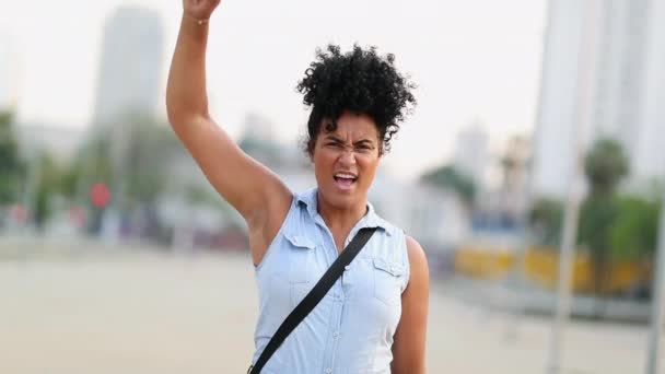 Mixed Race Woman Protester Raising Fist Air — 비디오