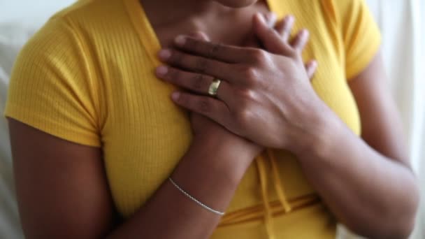 Grateful Hopeful Black Woman Holding Hands Chest Feeling Thankful — Stockvideo