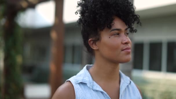 Pensive Black Girl Standing Closing Eyes Contemplation — Vídeos de Stock