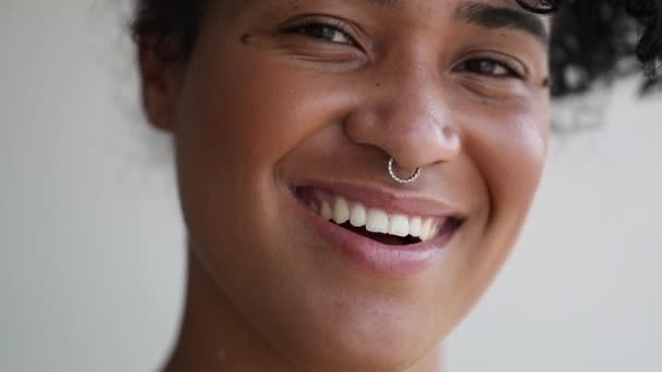 Young Mixed Race Woman Looking Camera Smiling Portrait — Vídeos de Stock