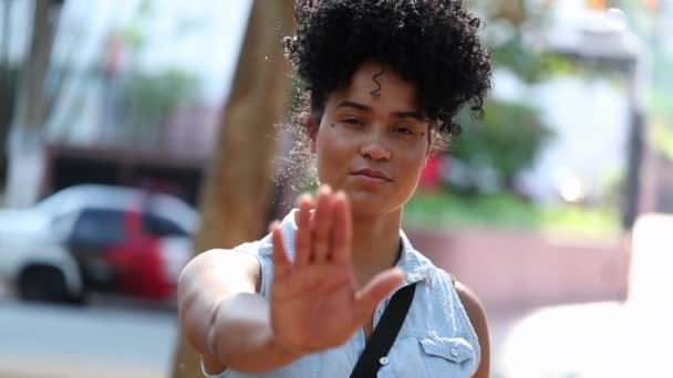 Young Woman Raising Arm Saying Telling Stop — Stok Video