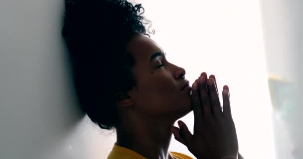 Young Black Woman Praying Looking Hope Faith Putting Hands Chest — Vídeos de Stock