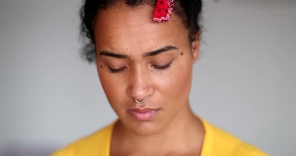 Sad Young Black Woman Looking Depressed Thoughtful Mixed Race Girl — Stockvideo