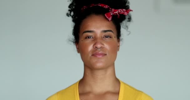 Young Millennial Mixed Race Woman Smiling Camera — Vídeos de Stock