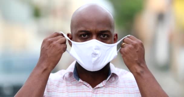 African Man Removing Face Mask Feeling Relief Black Guy Takes — Wideo stockowe