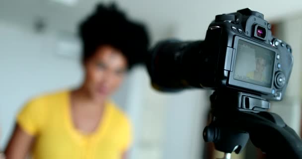 Female Vlogger Speaking Camera Home — Stok Video