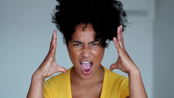 Young Black Woman Yelling Camera Mixed Race Person Screaming — Stock video