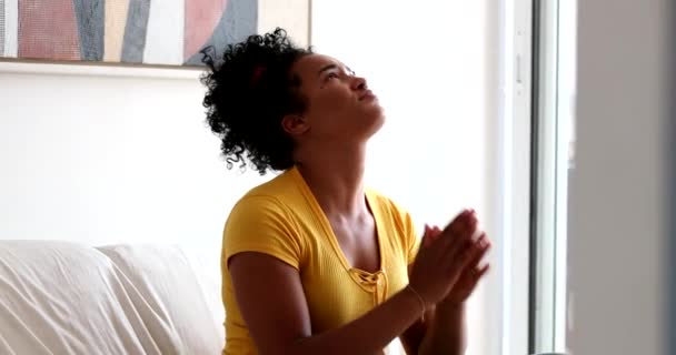 Young Black Woman Praying Home African Girl Having Faith — kuvapankkivideo
