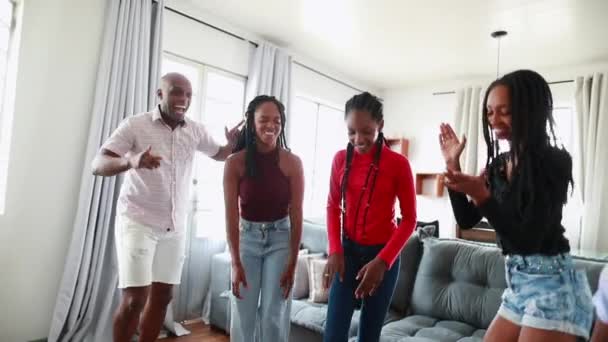 Happy Family Dancing Home Living Room Black African Parents Children — Video Stock