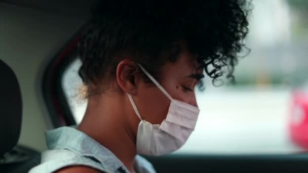 Young Woman Riding Taxi Wearing Surgical Mask Passenger Cab Virus — Wideo stockowe