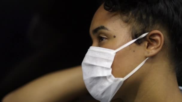 Exhausted African American Woman Commuting Subway Wearing Surgical Mask Tired — Stockvideo