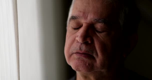 Meditative Older Man Closing Eyes Contemplation — Stockvideo