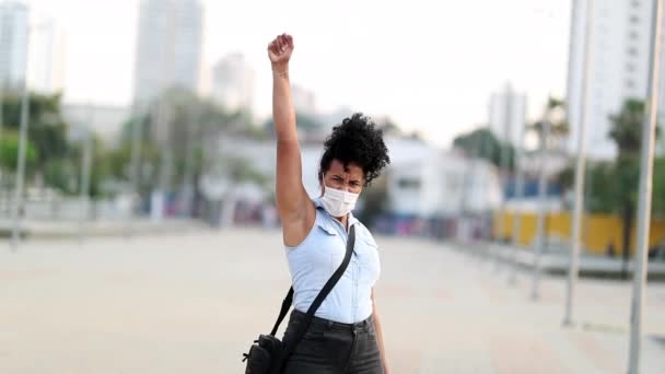 African American Black Woman Raising Fist Air Wearing Virus Prevention — Stok video