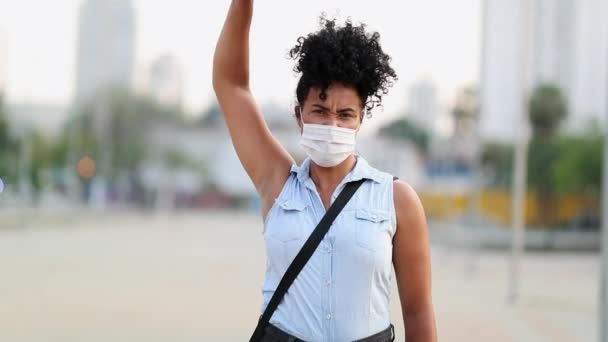 Young Black Woman Raising Fist Air Protest Rebel African Descent — Stock video