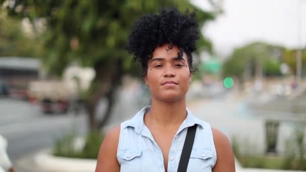 Mixed Race Black Woman Portrait Looking Camera City African American — Stok video