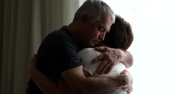 Candid Loving Older Couple Hug Senior Husband Caring Wife Embracing — Stockvideo
