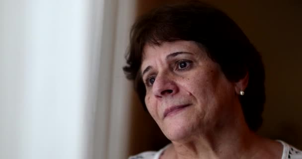 Pensive Worried Older Woman Standing Window Looking — стоковое видео