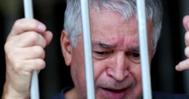 Starší Muž Uvězněný Mřížemi Pláčem Starší Osoba Trpí — Stock video