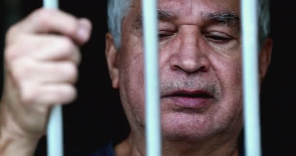 Prisoner Locked Metal Bars Old Man Trapped — Vídeo de Stock